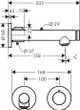 Technische Zeichnung eines Unterputz-Waschtischmixers mit Wandmontage von AXOR. Maße und Anschlussdetails sind schematisch dargestellt.